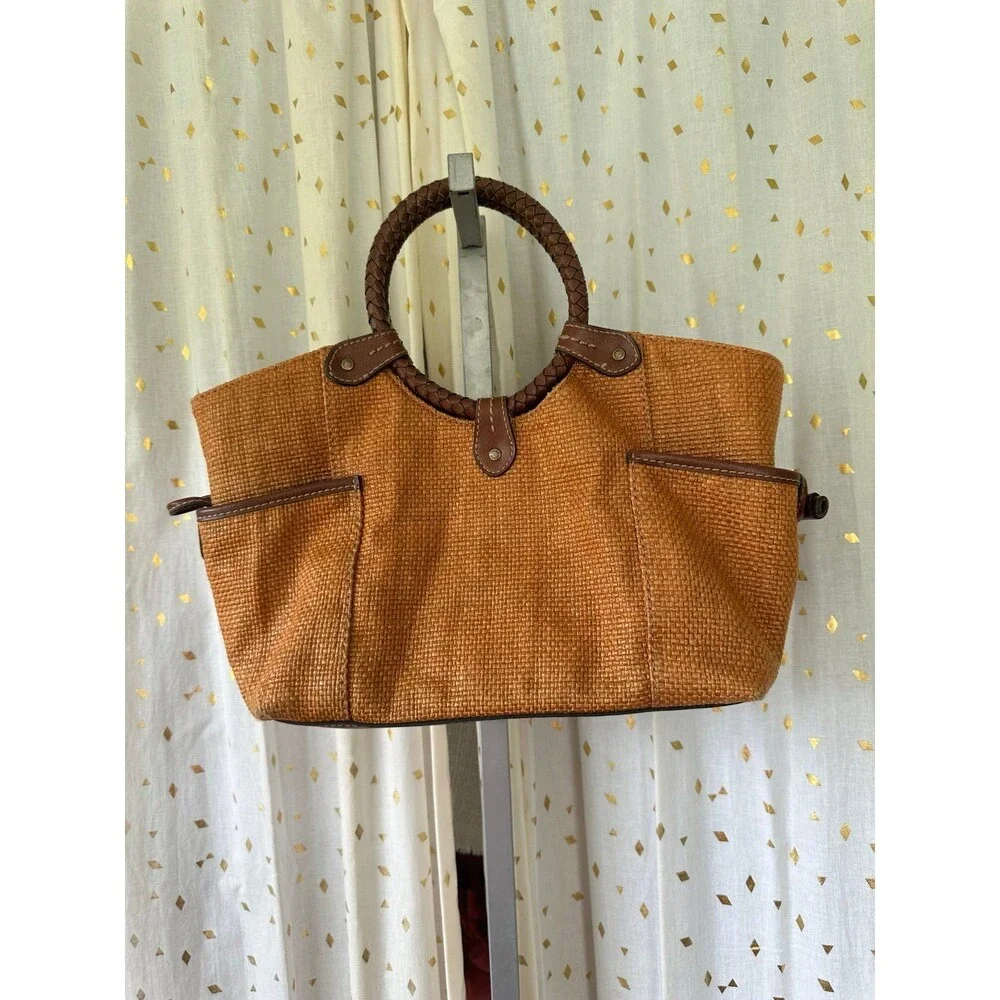 Fossil Genuine Classic 1954 Rust Straw Woven Leather Round Handles Tote Satchel